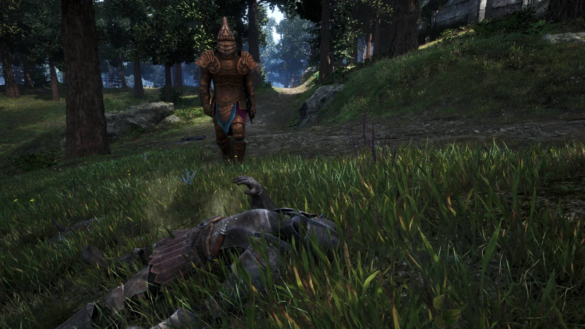 The modded Terminator looming over a corpse in Oblivion Remastered.