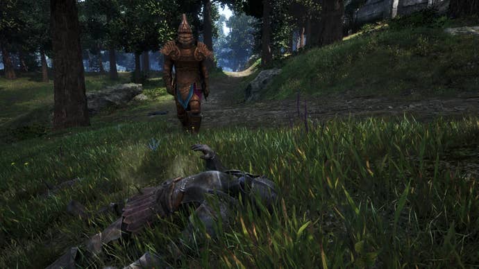 The modified terminator coming over a corpse in Oblivion Remastered.