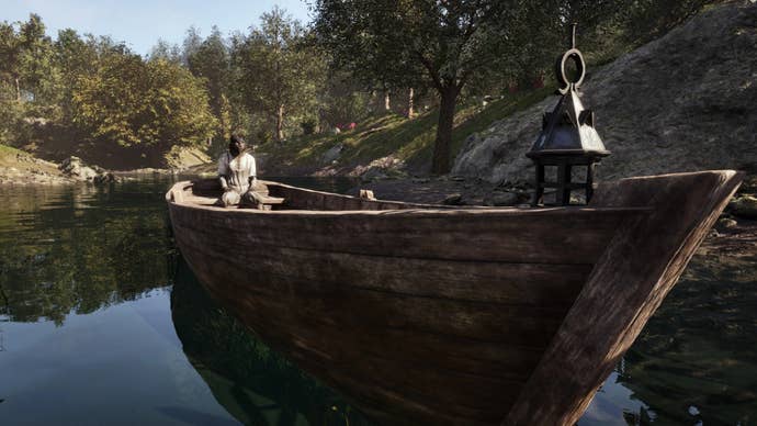 A Khajiit riding a modded rowboat successful Oblivion Remastered.