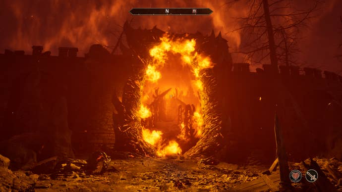 A sword-carrying warrior walking towards a giant Oblivion Gate in Oblivion Remastered.