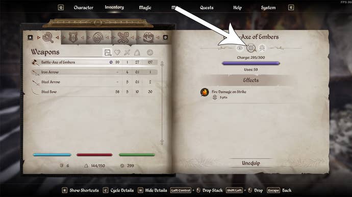 Un arma encantada con cargos y usos en el inventario de un jugador en olvido remasterizado.