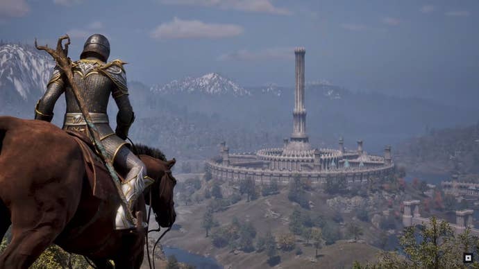 A hero on horseback looks down at the Imperial city of Cyrodiil.