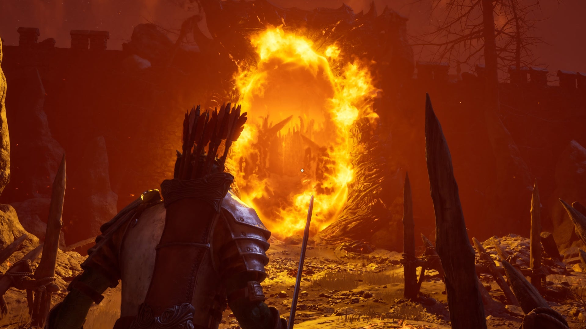 A screenshot from The Elder Scrolls IV: Oblivion - Remastered, showing the player approaching an Oblivion gate in Kvatch.