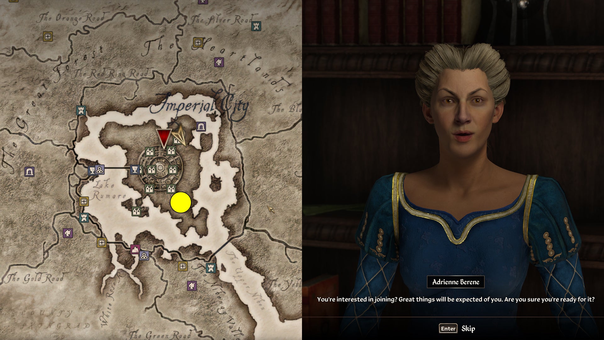 The Arcane University location and a Mage Guild member in Oblivion Remastered. - 5