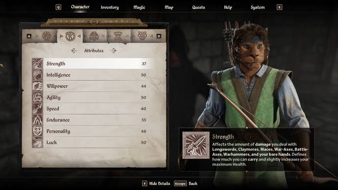 A Khajit in Oblivion Remastered standing next to the stat screen