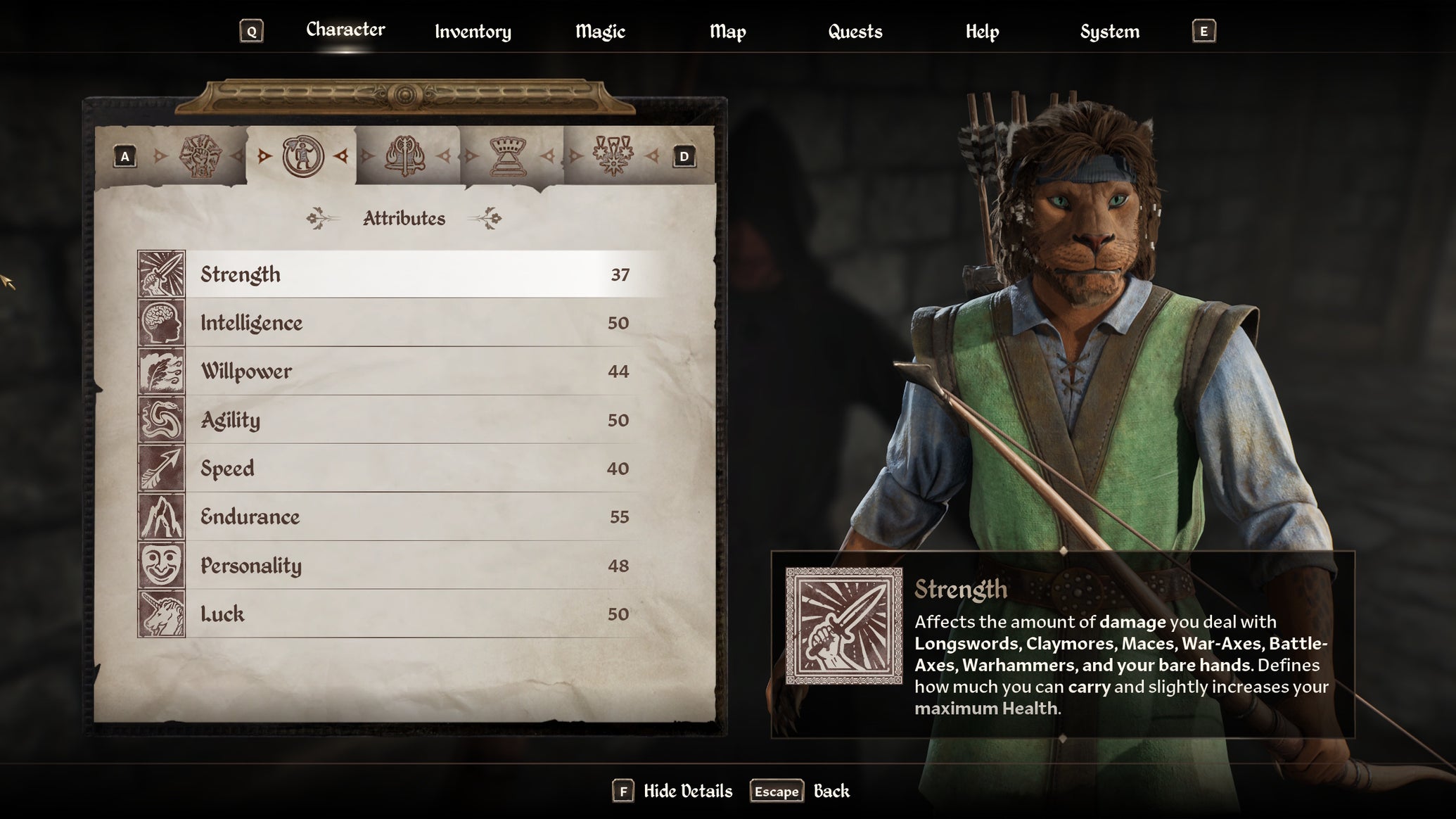 A Khajit in Oblivion Remastered standing next to the stat screen - 1