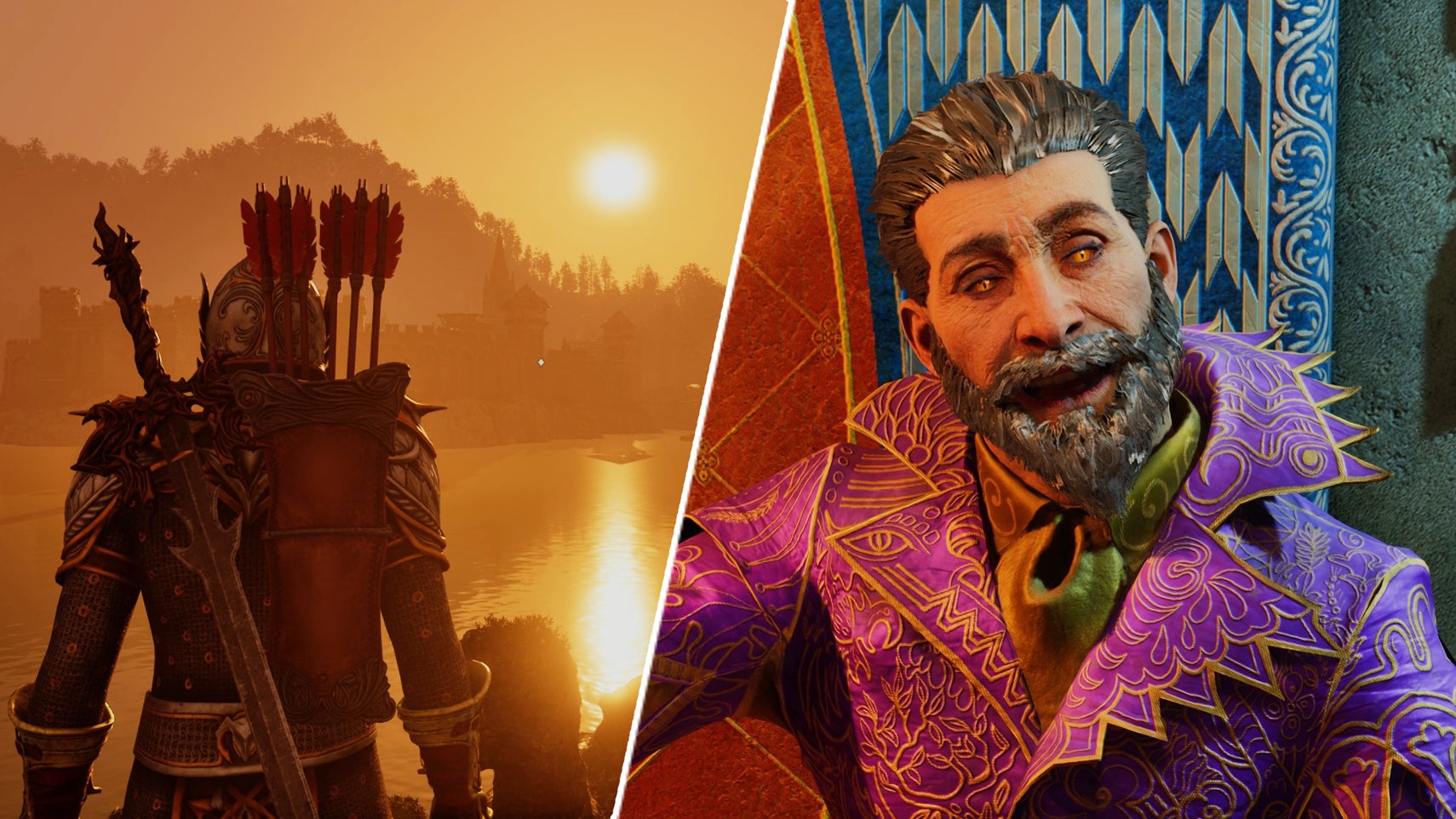 Sheogorath in Oblivion Remastered opposite a sunset over Bravil. - 1