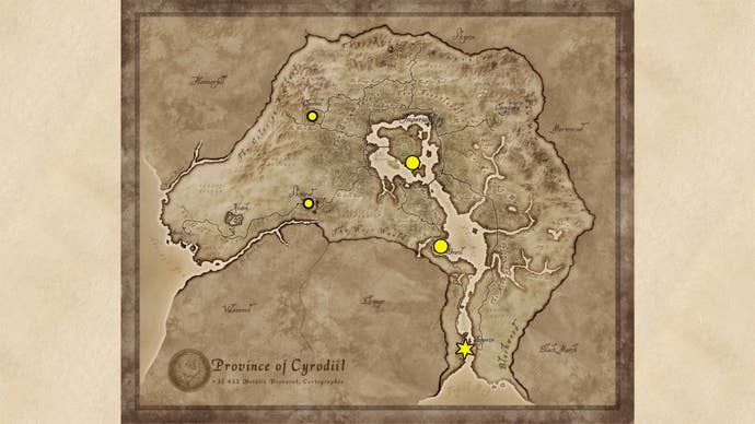 A map showing the Mysticism Trainer locations in Oblivion Remastered.