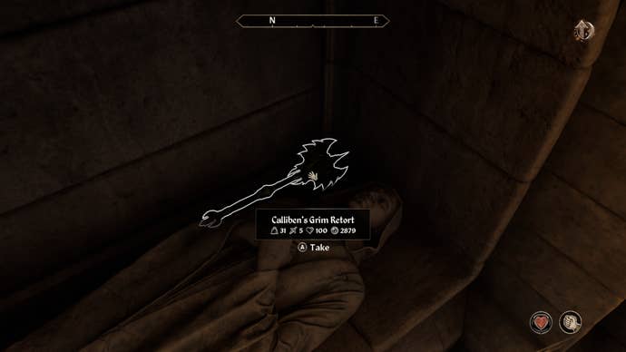 The unique mace, Calliben’s Grim Retort, during the Unfriendly Competition quest in Oblivion Remastered.