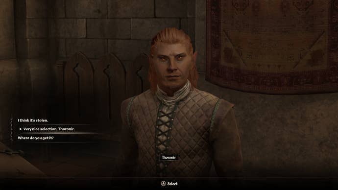The player interrogating Thoronir during the Unfriendly Competition quest in Oblivion Remastered.