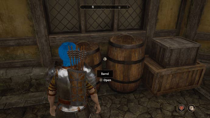 oblivion remastered wood elf blue hair character facing wood barrels