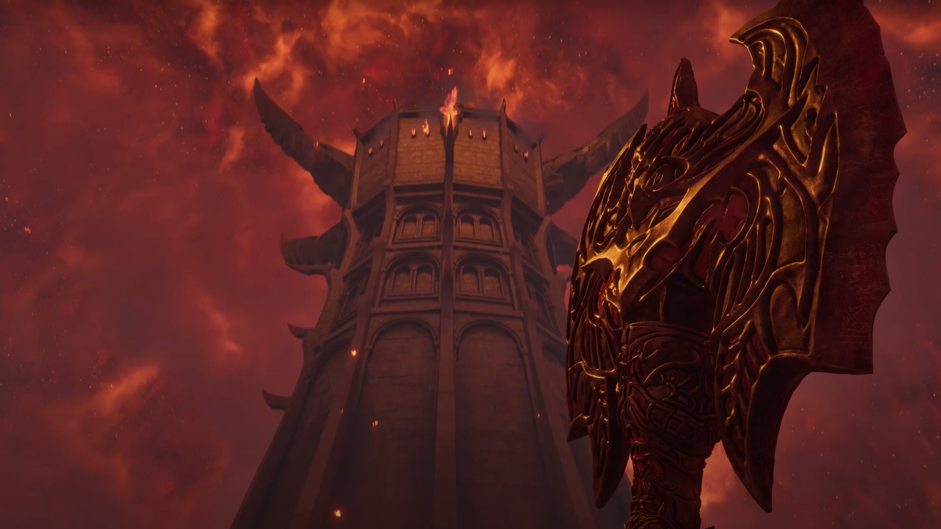 A tower in one of the Planes of Oblivion looms over the player in The Elder Scrolls IV: Oblivion Remastered. - 5