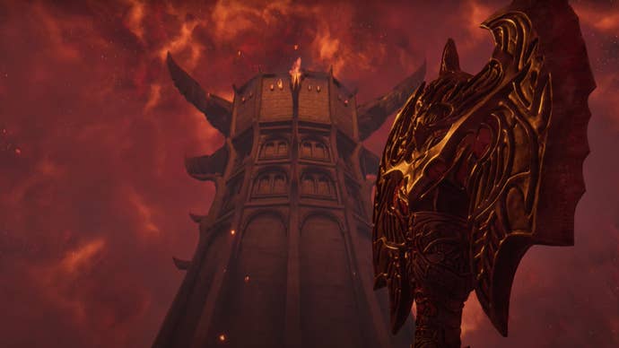 A tower in one of the Planes of Oblivion looms over the player in The Elder Scrolls IV: Oblivion Remastered.
