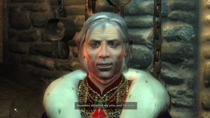 A grey-haired man in a fluffy, regal-collared gown, looking at the camera which represents the player's eyes. It is the Emperor of Tamriel from the game Oblivion. He looks nothing like Patrick Stewart, but he sounds like him.