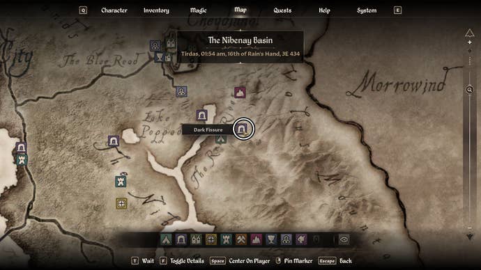 An Oblivion Remastered screenshot showing the location of the Dark Fissure altar on the map
