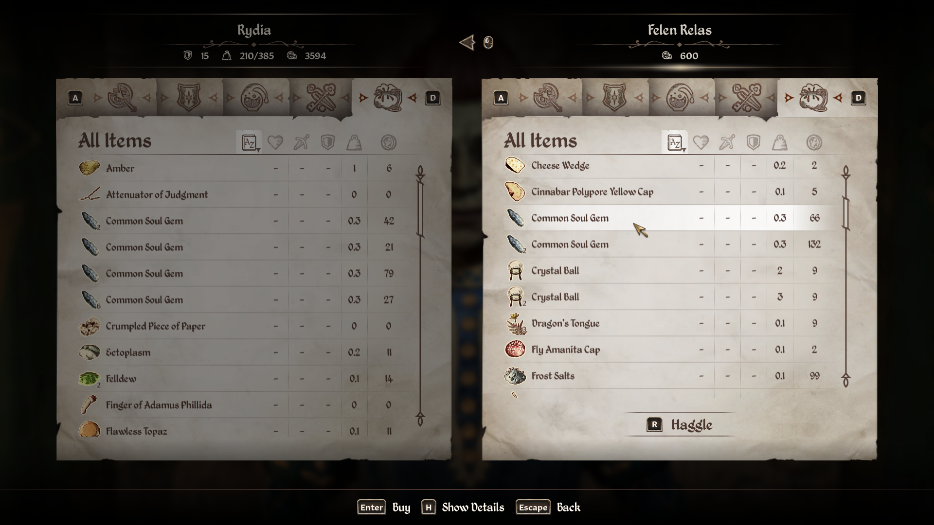 An Oblivion Remastered screenshot showing the items sold by a seller