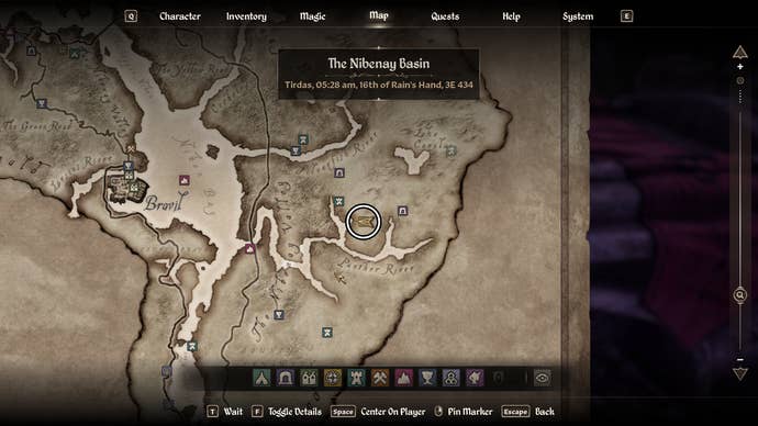 An Oblivion Remastered screenshot showing the location of the Wendelbek ruins altar on the map