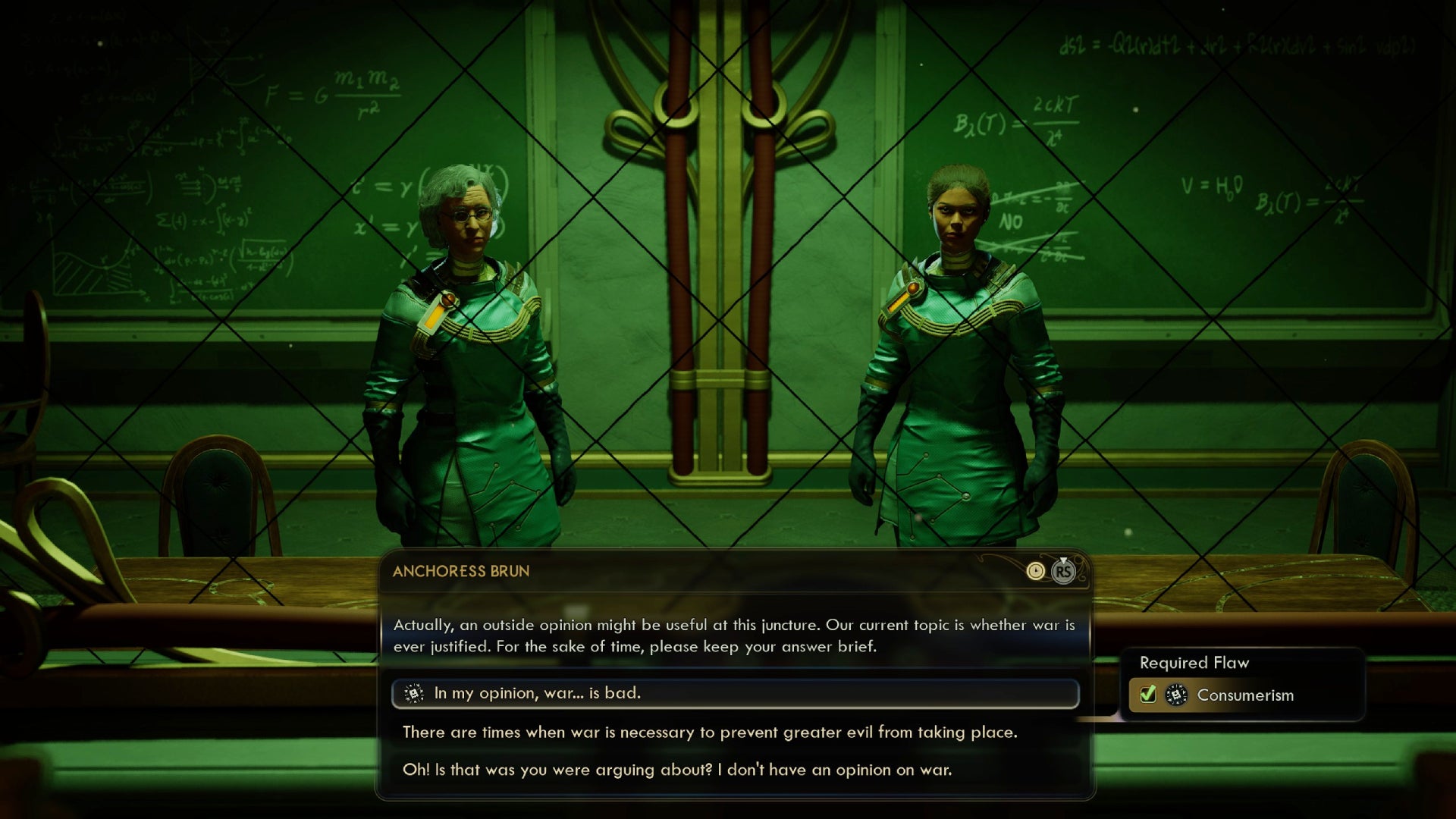 A chat about war in The Outer Worlds 2.