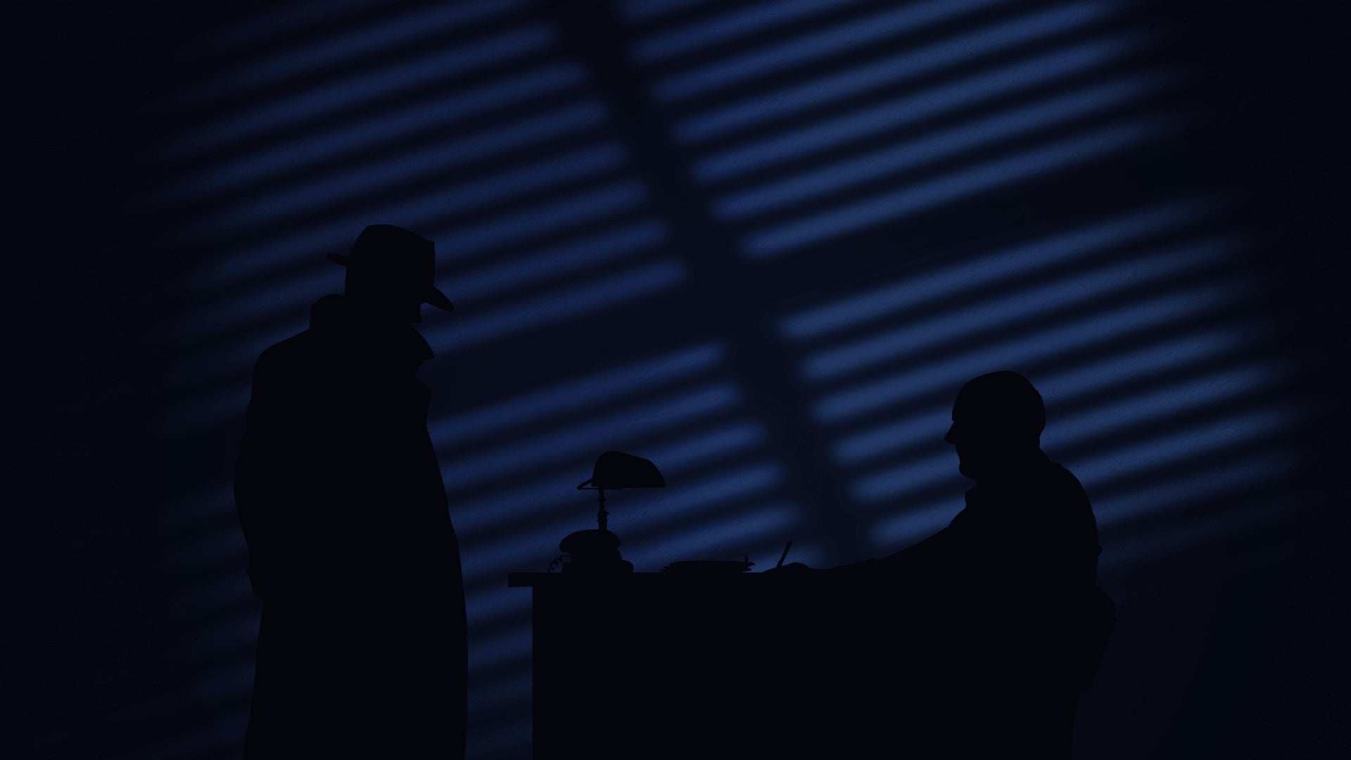 A silhouetted detective talks to his silhouetted boss in Obsidian Moon. - 1