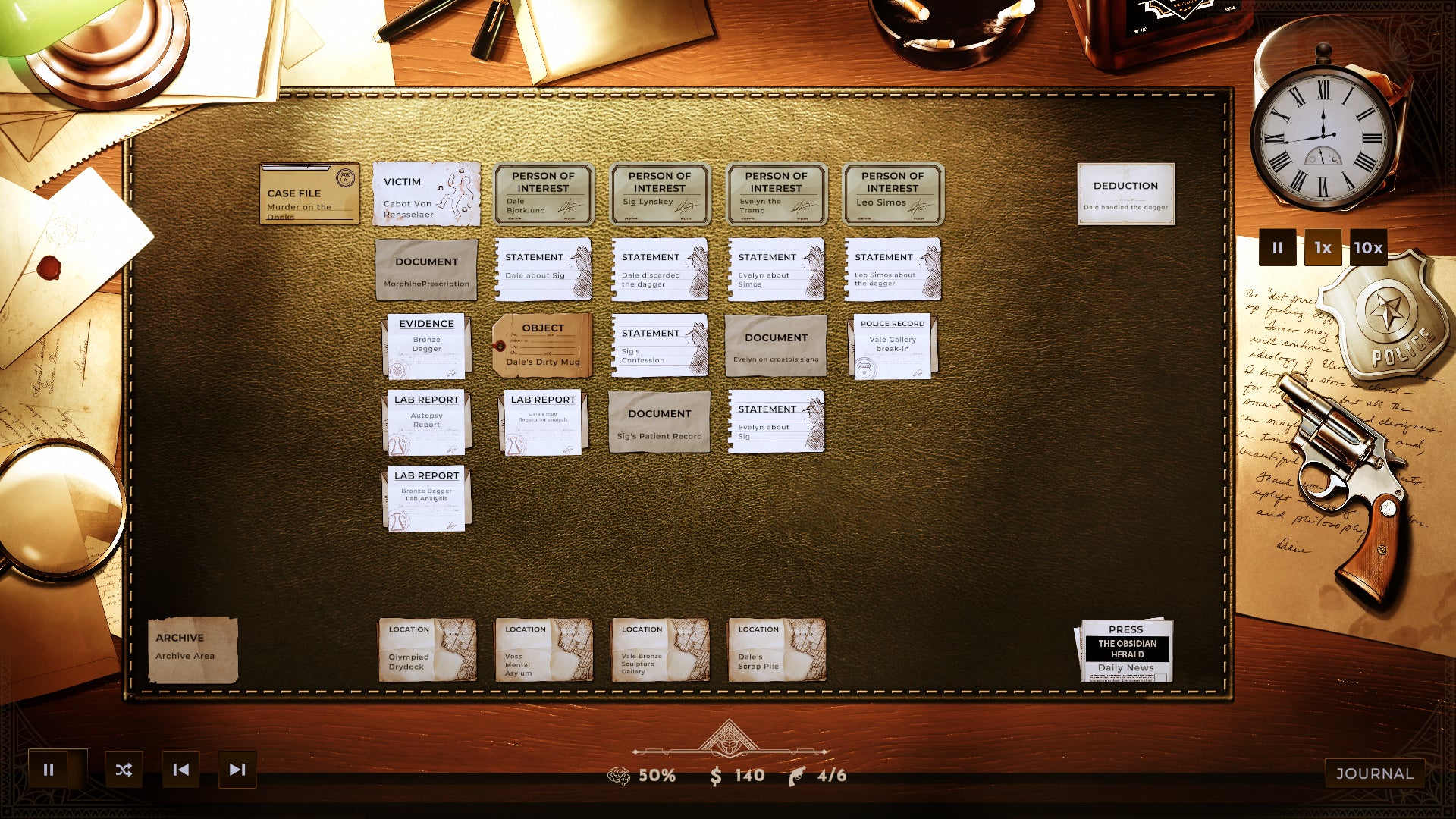 A desk covered in scraps of paper containing case details in Obsidian Moon.
