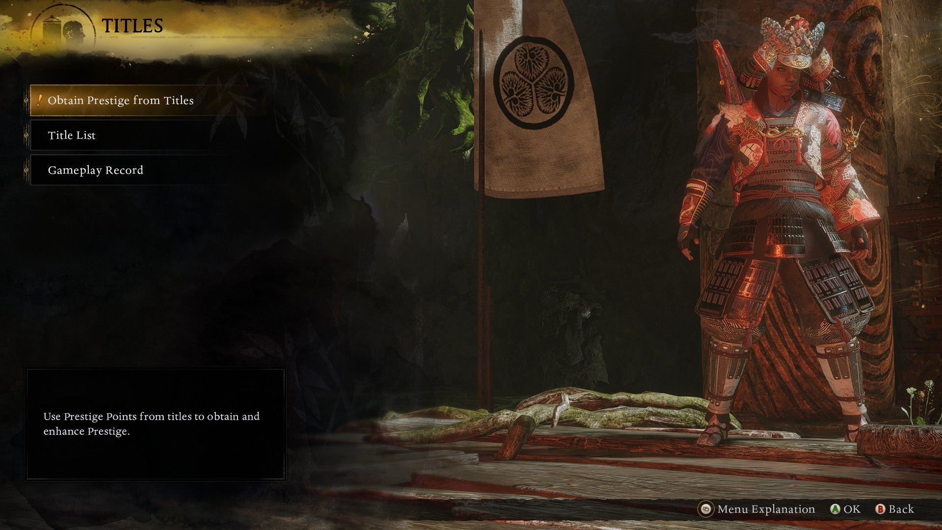 The Titles menu in Nioh 3, with options to Obtain Prestige from Titles, to view a list of all Titles, and to view a gameplay record. - 5