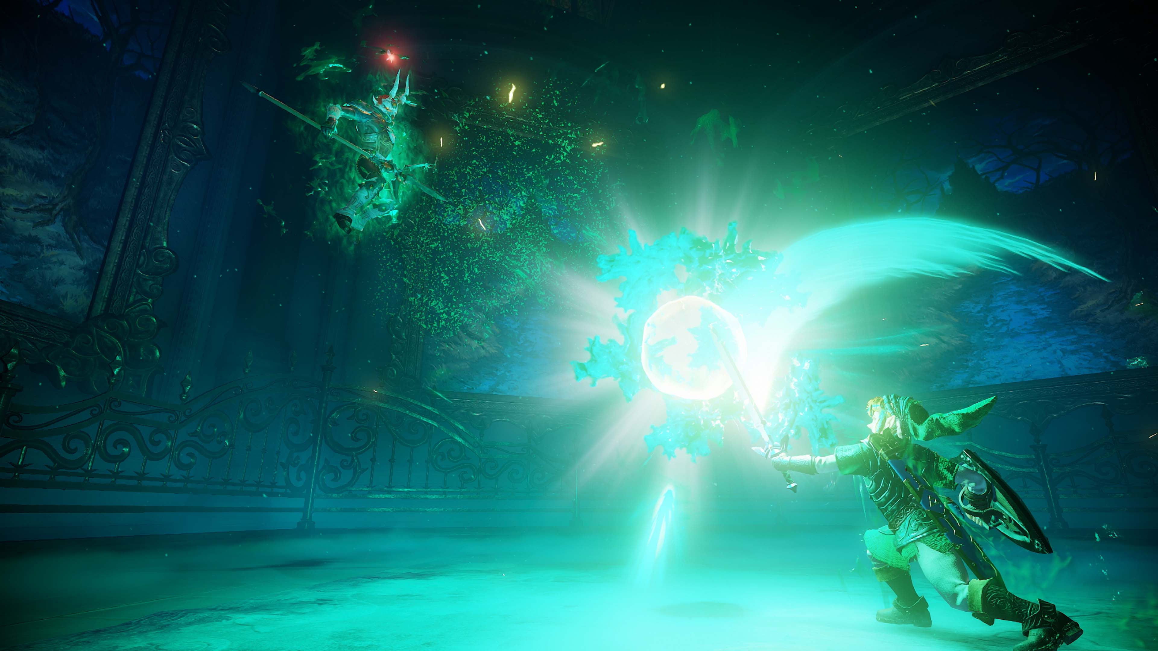 Link v remaku The Legend of Zelda: Ocarina of Time bojuje s nepřítelem