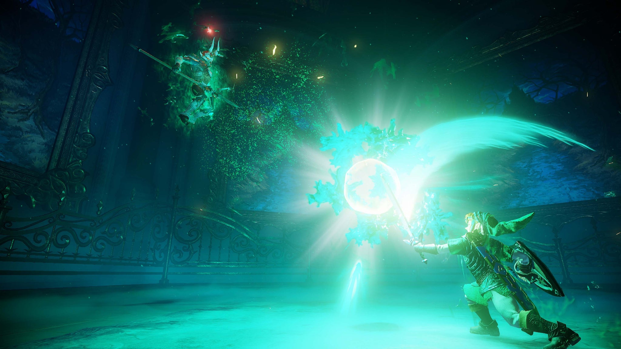 Link v remaku The Legend of Zelda: Ocarina of Time bojuje s nepřítelem