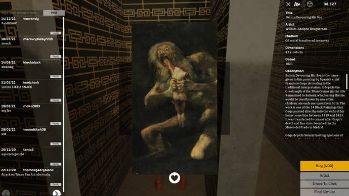 A painting of a titan eating a human. It’s mouth is open and eyes are wide