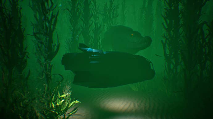 A colossal crocodile lurks behing a submarine in an Oceanfall screenshot.