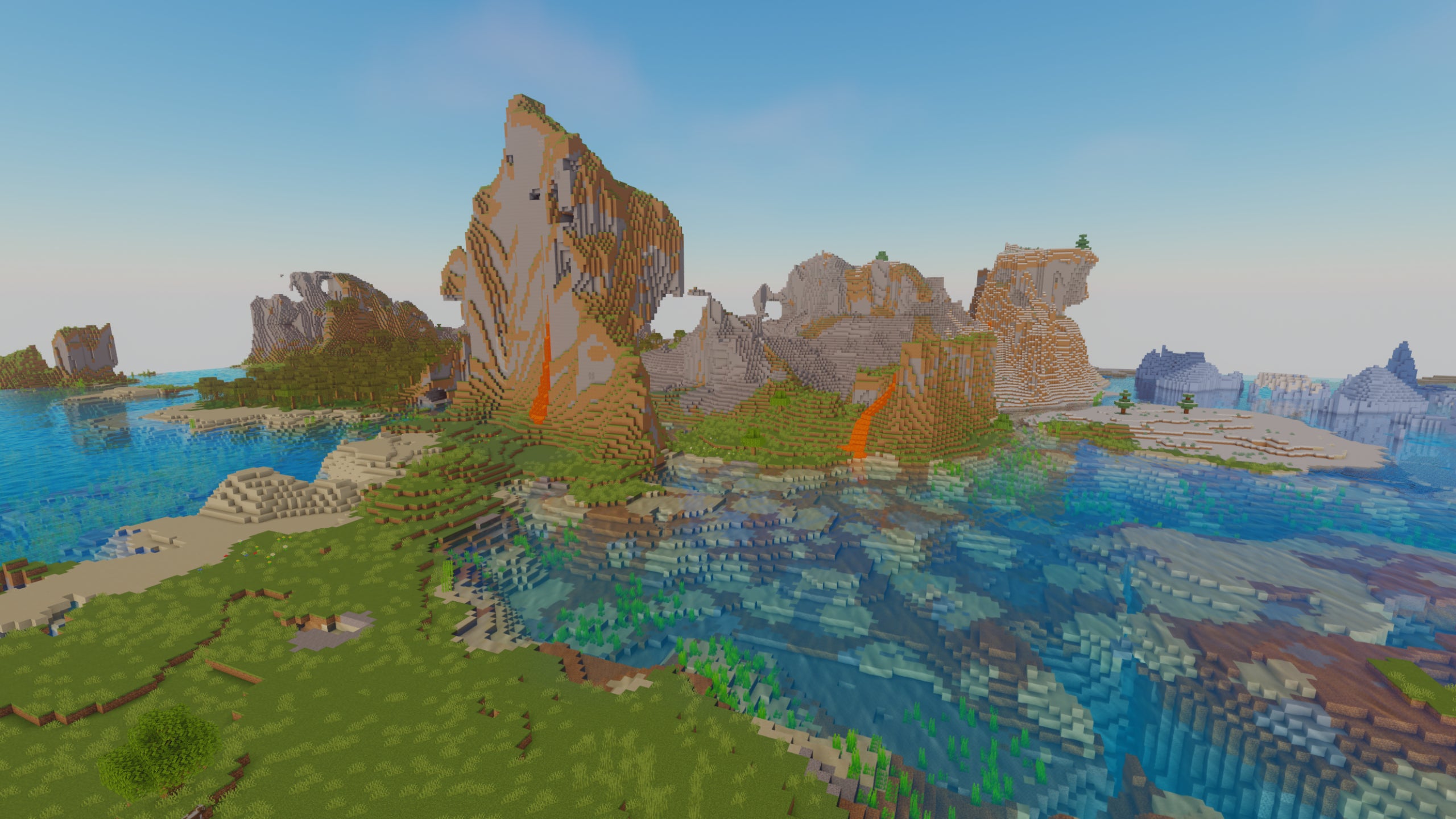 A Minecraft extreme hills landscape surrounded by water, with two lavafalls pouring out of the cliffsides showcasing Oceano Shaders.