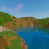 A screenshot of a river in Minecraft, with some trees on either side of the bank and a hill in the distance, taken using Oceano shaders.