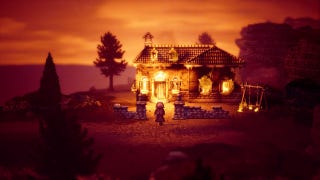 Octopath Traveller 2 - a character walks towards a small golden orange hut glowing in sepia-hued countryside surroundings