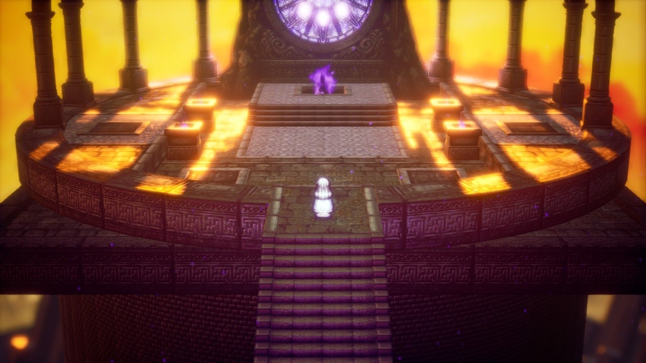 Octopath Traveller 2 - a person with white hair approaches some kind of glowing purple crystal atop a lengthy staircase, with bright golden-yellow sky in the background