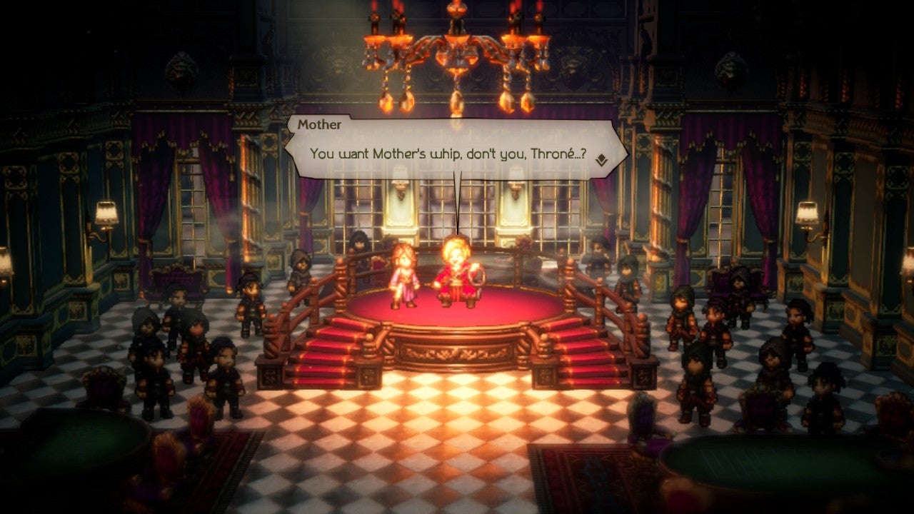 Octopath Traveller 2 - a character called Mother says &lsquo;You want Mother&rsquo;s whip, don&rsquo;t you, Throné?&rsquo; to her in a palace throne room