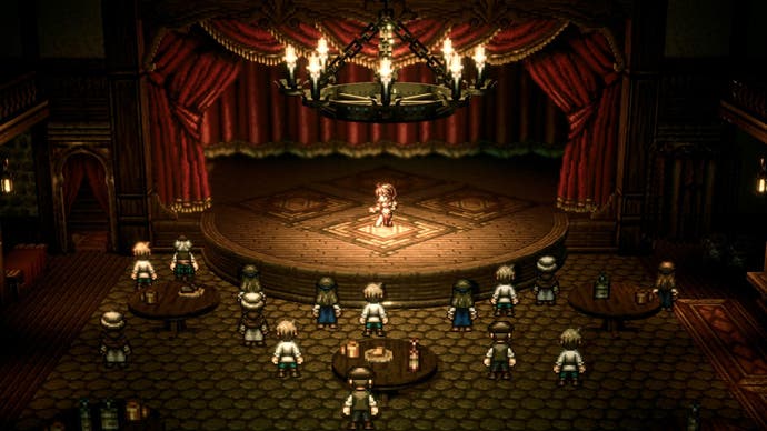 A crowd of people watching a performer on stage in Octopath Traveler