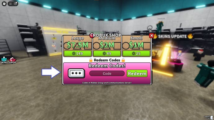 A screenshot of Octopus Game in Roblox showing the game’s codes field.