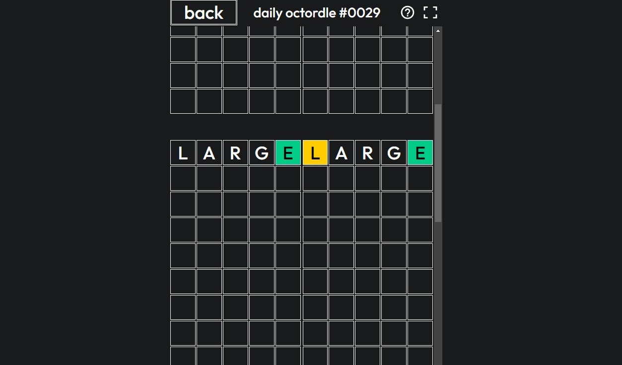 A screenshot of Octordle, in which you play Wordle 8 times simultaneously, showing a white grid on black into which the word &ldquo;Large&rdquo; has been entered.