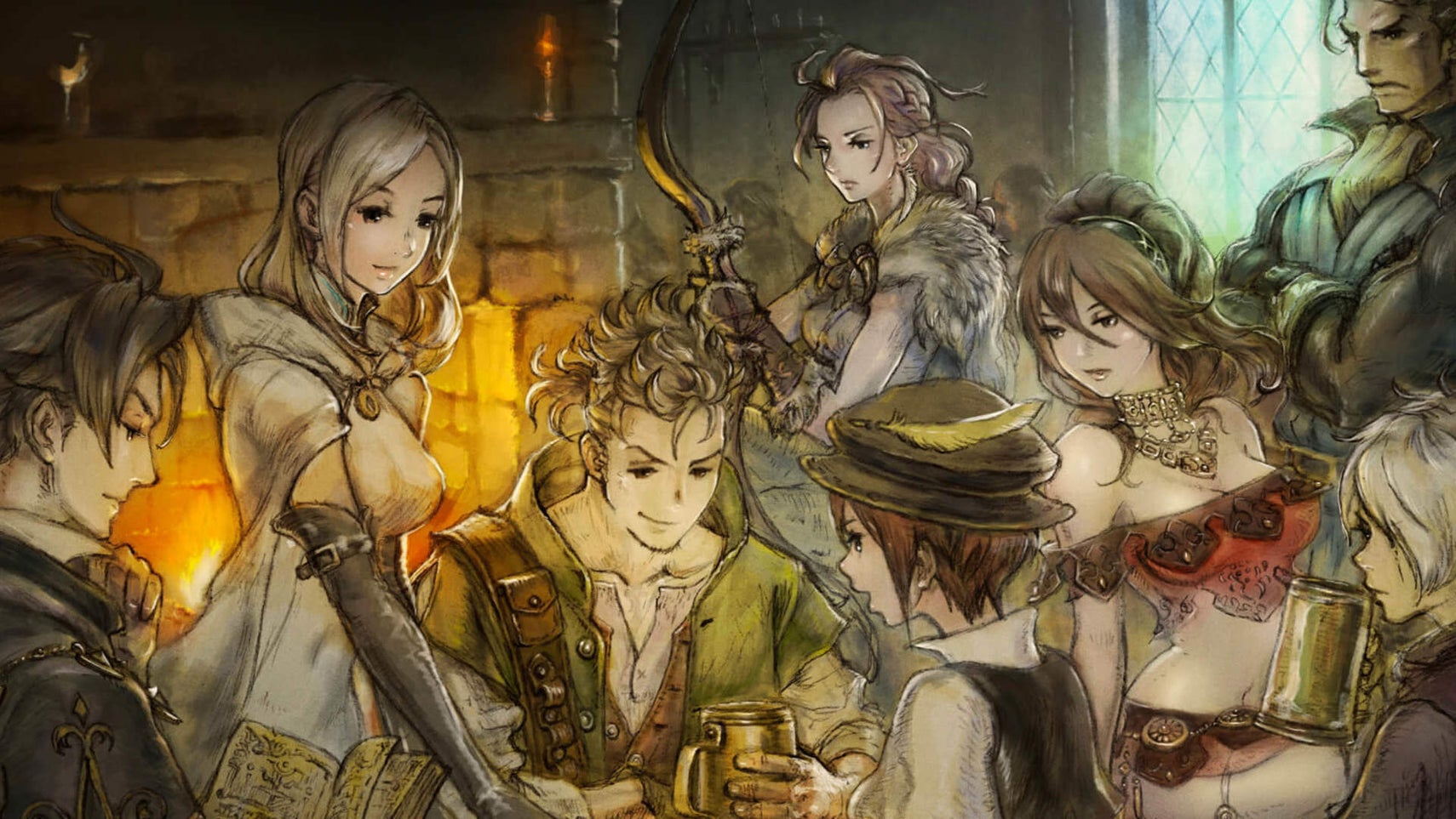 Illustrative art of the main cast of characters from Octopath Traveler. They are all sat in an inn, gathered around a table. - 1