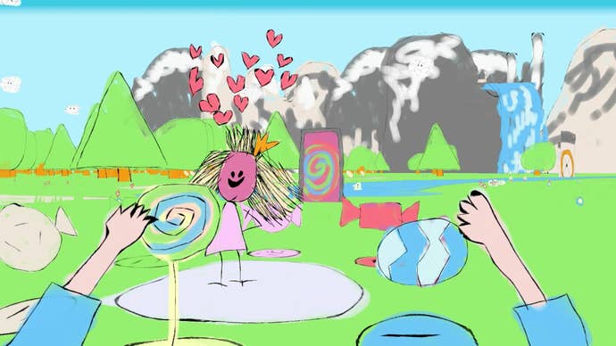 A screenshot of Odd Dorable, a crippled wherever each of the creation is done by a four-year-old kid showing a first-person position of immoderate hands looking astatine a princess.
