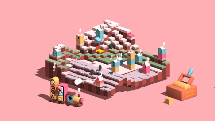 A toy train sits in front of a block-based hill toy in Oddada