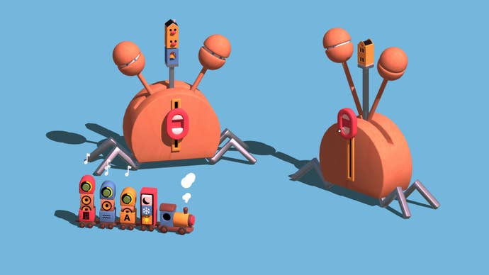 A toy train parks next to two giant crab-like metronomes in Oddada.