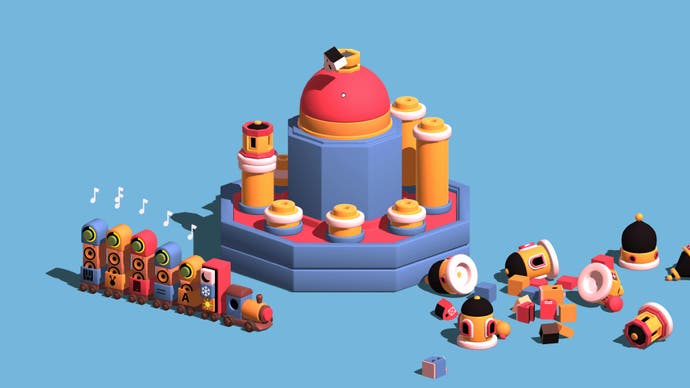 Un tren de juguete se acerca a una caja de música hexagonal con torres ajustables en Oddada.