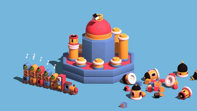 A toy train approaches a hexagonal music box with adjustable towers in Oddada.