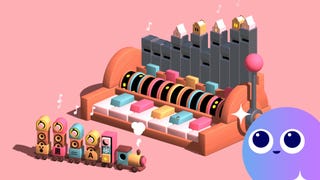 A toy train sits next to a toy pipe organ in Oddada, with a purple character with large eyes in the bottom corner for Eurogamer's Wishlisted feature series.