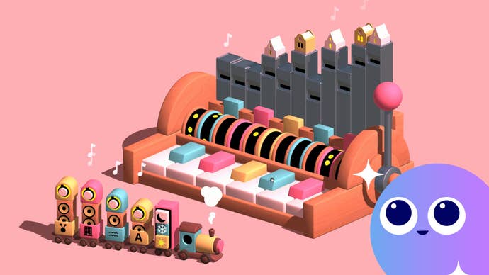 A toy train sits next to a toy pipe organ in Oddada, with a purple character with large eyes in the bottom corner for Eurogamer’s Wishlisted feature series.