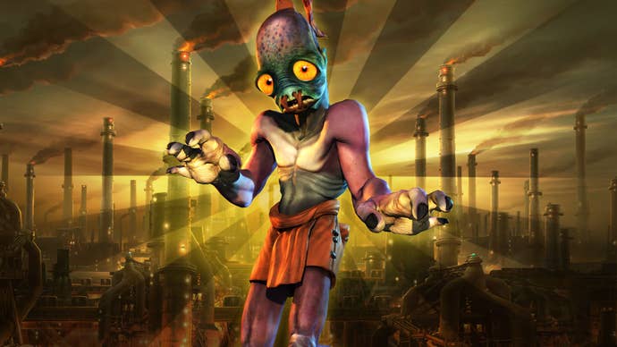 Abe’s Oddysee, the lanky, loin-cloth-wearing factory worker star of the Oddworld games, standing against a backdrop of chimneys and rays of light
