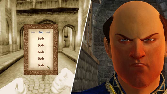 An Oblivion NPC adjacent to a paper that conscionable reads 'Bob'.