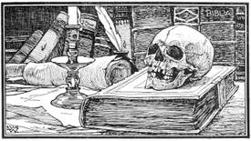 An illustration of a skull perched atop a thick book on a cluttered desk.