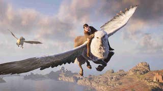 Harry Potter rides a Hippogriff in Hogwarts Legacy artwork