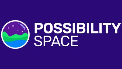 Possibility Space logo, the name of the studio next to a circle with a white outline and a sea, mountains, and stars within